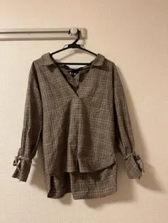 チェック 長袖 Vネック 襟 リボン 前後差 トップス ブラウン シャツ M