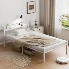 ベッドフレーム シングル ベッド 宮棚 2口コンセント　ホワイト　パイプベッド