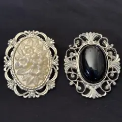 花模様と黒色のレトロなブローチ2個セット　日本製