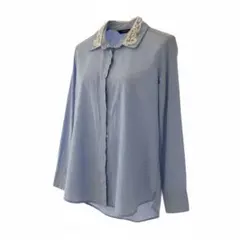 ZARAレース付き襟のライトブルー長袖シャツ