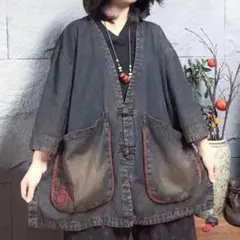 デニム上着コート刺繍ゆったり