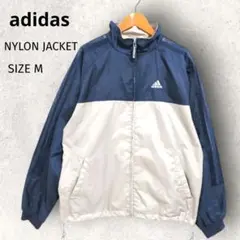 90s アディダス ナイロンジャケット 刺繍ロゴ 紺 ベージュ M-L 古着