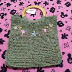 オリーブグリーン トートバッグ 花刺繍