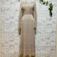 【d56】【マーキュリーデュオ】ベージュ編み模様ロングスリーブマキシドレス【F】