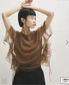 【サステナブル】・【定番人気】ギャザー　チュール フリル 半袖 ブラウンのサムネイル