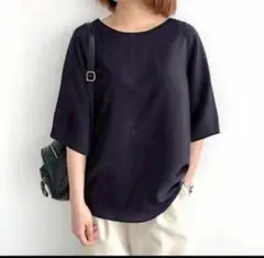 ドット　半袖　トップス　ブラウス　黒　夏　体型カバー　L