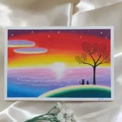 朝日を見つめる親子猫 海の絵 オイルパステル画 絵画 原画 ハガキ