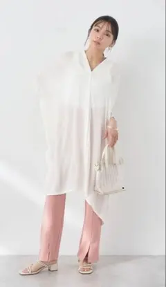 アースミュージックアンドエコロジー：ブラック チュニックカーディガン 半袖