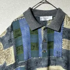USA製 古着 アート 総柄 ハーフボタン プルオーバー シャツ レトロ