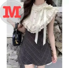 フリル襟 M ノースリーブ ミニワンピース ガーリー ワンピース グレー韓国風