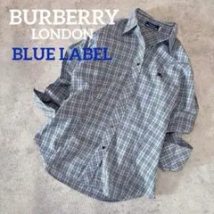 【美品】バーバリーブルーレーベル ノバチェックシャツ 40ロゴナイト刺繍　ブルー