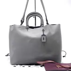 極美品● コーチ グラブタンローグ 2way ハンドバッグ グレー レザー