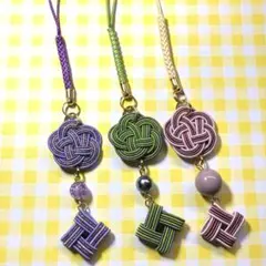 水引風車&梅結び　ストラップ　パープル系、グレー草色、小豆色　3個セット