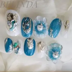 ぷっくりフラワー ニュアンス シルバー 青 袴 成人式 振袖 ネイルチップ 冬