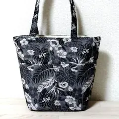 Ｈ83　モノトーン ハワイアン 南国柄 ジャガード織り ハンドメイドトートバッグ