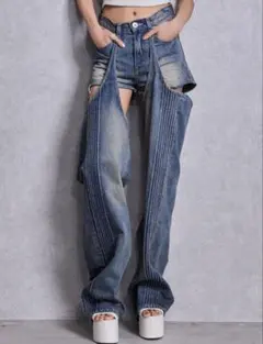 GYDA ハイウエストSymmetry2WAYラインプリーツデニムパンツ ブルー