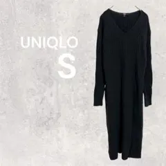 ユニクロ リブニットワンピース ウール混 Vネック ロング丈 黒 長袖 S