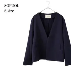 ソフール/ノーカラージャケット/Vネック/ショート丈/日本製/S/ネイビー/