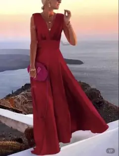 赤 レッド ドレス ロングドレス スカート ワンピース Vネック S