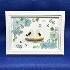 シーグラスアート　水色の花　シマエナガ