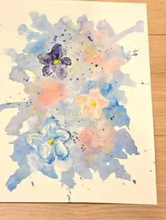 水彩画 花 青 紫 ピンク A4