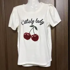 Cutely lady さくらんぼ 刺繍 半袖 Tシャツ ホワイト
