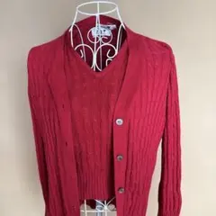 23区　赤いリブ編み長袖カーディガンアンサンブル