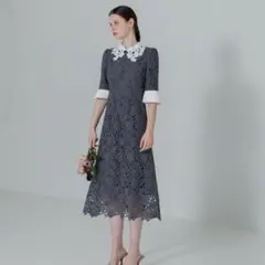 【LEJA】花柄レースカラースパンコール刺繍Aラインフレアドレス