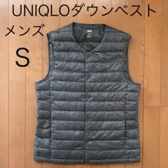 美品【メンズS】UNIQLOユニクロダウンベスト千鳥格子柄男女兼用 軽量グレー