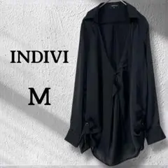 インディヴィ ブラック Vネックシャツ M ドレープブラウス トップス 黒