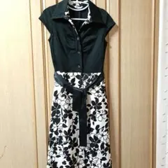 ブラックホワイト　前開きワンピース　9号　ボタニカル柄　日本製