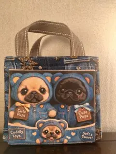 パグ ミニ トートバッグ ハンドメイド デニム柄 ヒョウ柄