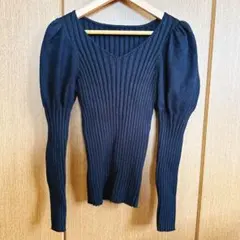 【美品】セゾンドパピヨン リブニット M 黒 Vネック パフスリーブ 細見え