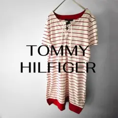 TOMMY HILFIGER 【L】 白×赤 ストライプ 半袖 ロング Tシャツ