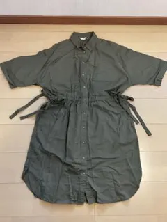 UNIQLO ユニクロ コットンリネンAラインシャツワンピース カーキ L