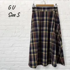 GU ジーユー チェック フレア ミディ丈 フレアスカート　ブラウン系　S