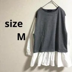レディース ブラウス 長袖 チェック ツイード 重ね着風 トップス M