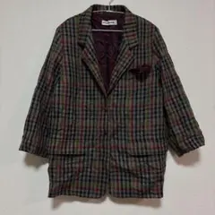 美品【ゆったりL-LL】マルチカラーチェックジャケット ミドル丈 オーバーサイズ