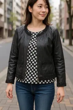 【送料無料】 ブラックレザージャケット ポルカドット裏地