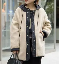 フリースジャケット フード付き ベージュ/ブラック Fサイズ