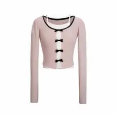 リボン付きピンククロップドカーディガン