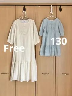 プティマインリアン　親子お揃い　親子リンクコーデ　ペア　レース　ワンピース　水色