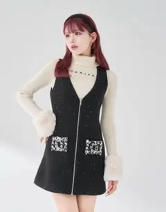 Darich ダーリッチ フロントファスナーツイードミニワンピース BLK