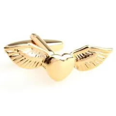 [ハート翼カフスボタン]求愛印心臓ゴールド金ウィング天使バード鳥キューピット野鳥