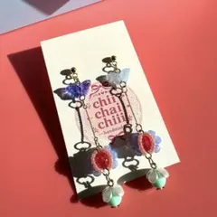 レトロポップパピヨン③ ゆらゆら ハンドメイドピアス 春色ちょうちょ