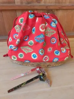 ちりめん 籠巾着 髪飾り付きレトロ