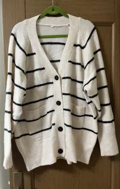 アイボリーと黒ストライプのカーディガン Lサイズ