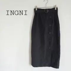 イング 共布ウエストベルト付きロングタイトスカート 飾りボタン 前スリット 黒