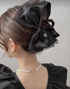 シフォン重ねリボン ヘアクリップ ブラック