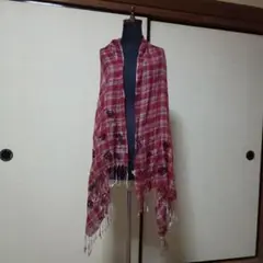 axes femme　バラ柄ストール　チェック　赤　春秋物　レッド